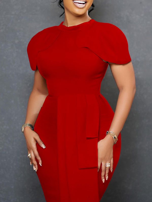 Short Sleeves Skinny Pleated Color Split-back Split-front Split-joint Round-neck Midi Dresses