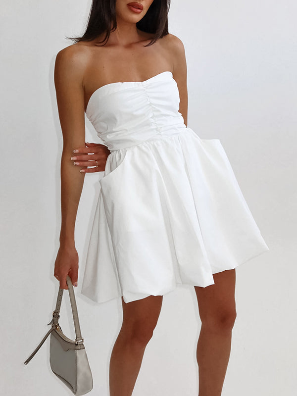 A-line High Waisted Elasticity Pleated Pockets Color Tube Mini Dresses