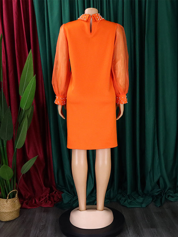 Puff Sleeves Beads Mesh Color Split-joint Round-neck Midi Dresses