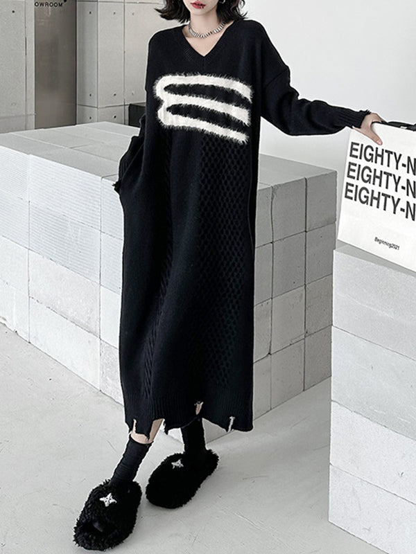 Long Sleeves Loose Split-joint Split-side V-neck Midi Dresses Sweater Dresses