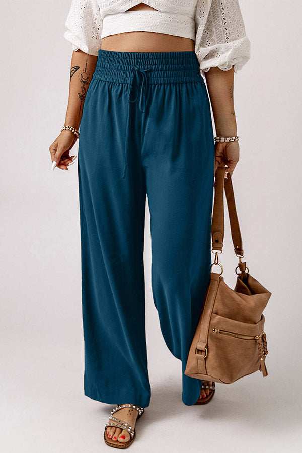 Drawstring Shirred Elastic Waist Wide Leg Pants