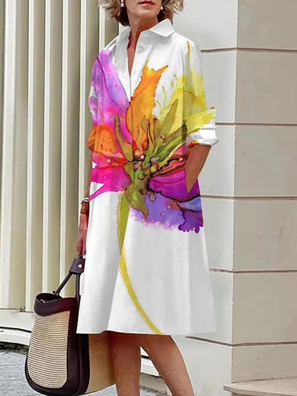 Long Sleeves Loose Printed Split-joint Lapel Midi Dresses Shirt Dress
