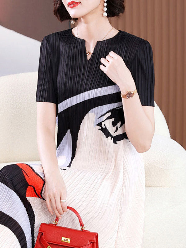 A-line Loose Figure Pleated V-neck Midi Dresses
