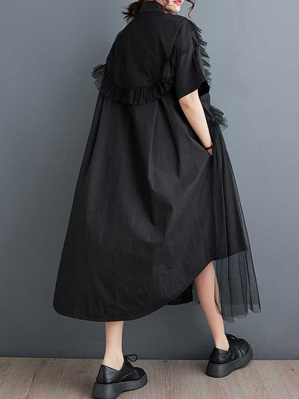 A-line Half Sleeves Asymmetric Buttoned Ruffled Color Split-joint Lapel Midi Dresses Shirt Dress