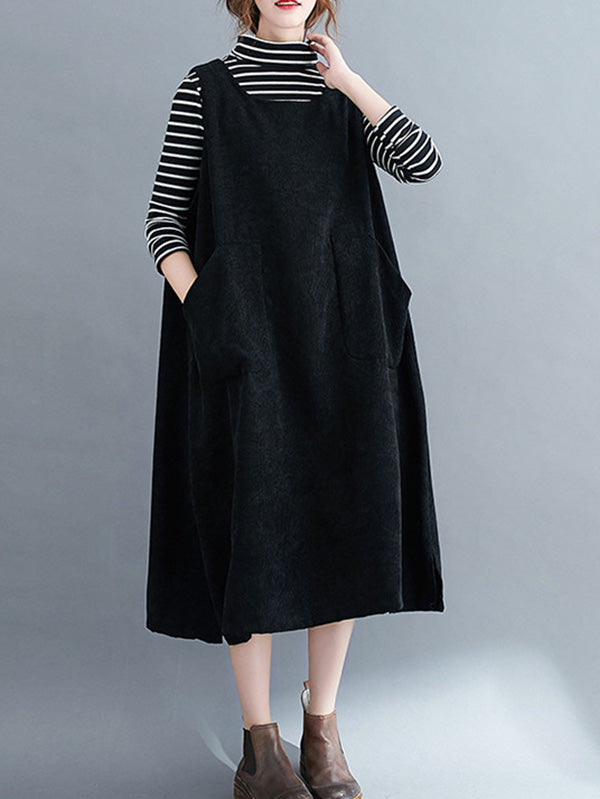 Corduroy Sleeveless Split-joint Round-neck Midi Dress