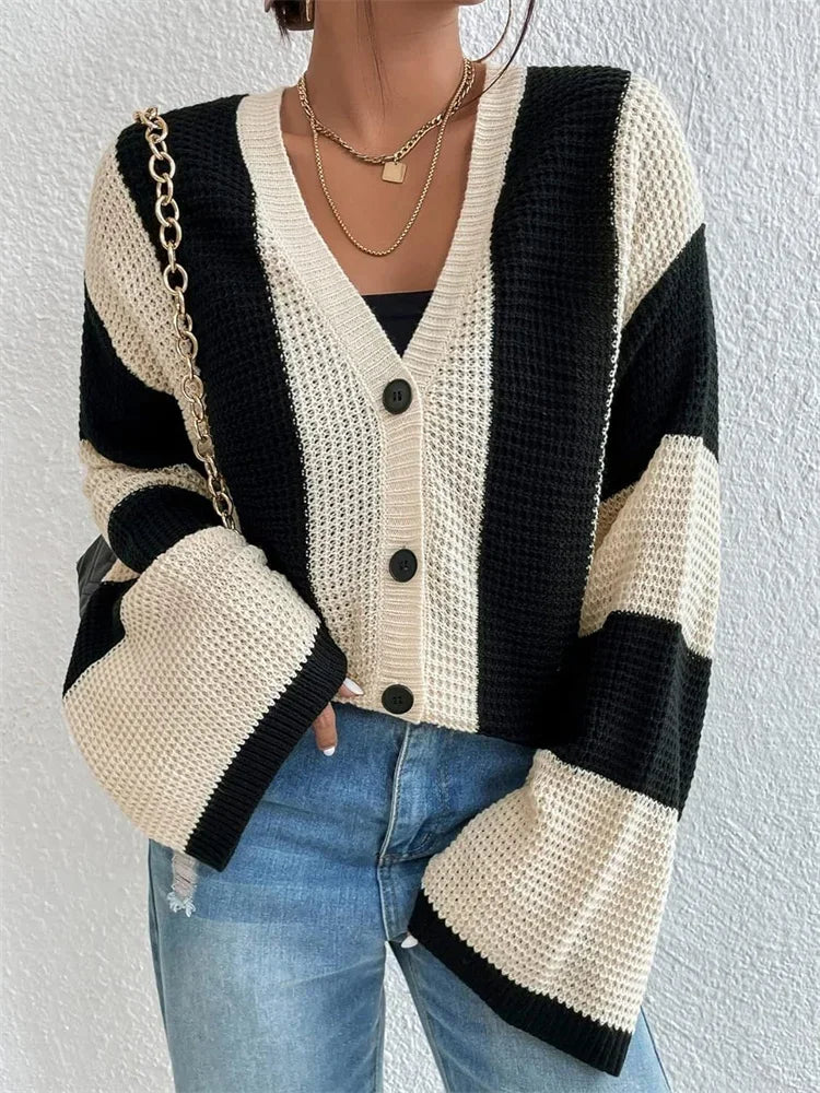Hollow Out Contrast Cardigan Sweater Knitwear Loose Long Sleeve High Street Outwear Patchwork Female Coat