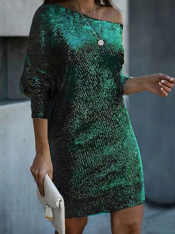 A-line Loose Asymmetric Sequined Color One-shoulder Mini Dresses