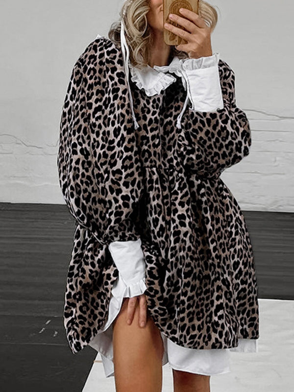 Puff Sleeves Contrast Color Falbala Leopard Split-joint Mini Dresses