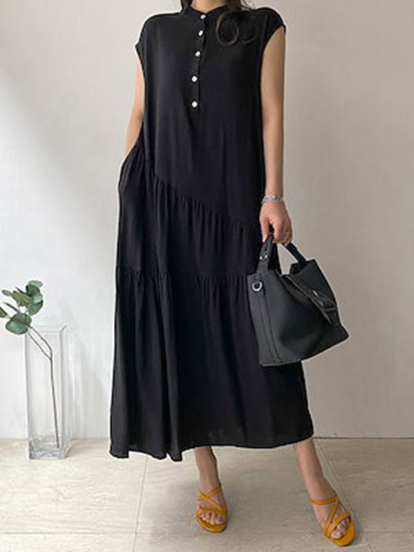 A-line Loose Buttoned Pleated Ruffled Color Split-joint Tiered Stand Collar Midi Dresses