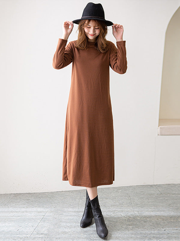 Simple Color Round-neck A-line Midi Dress
