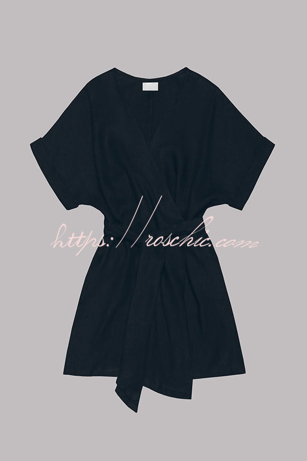 Breezy Retreat Cotton Linen Blend Pocketed Belt Kimono Mini Dress