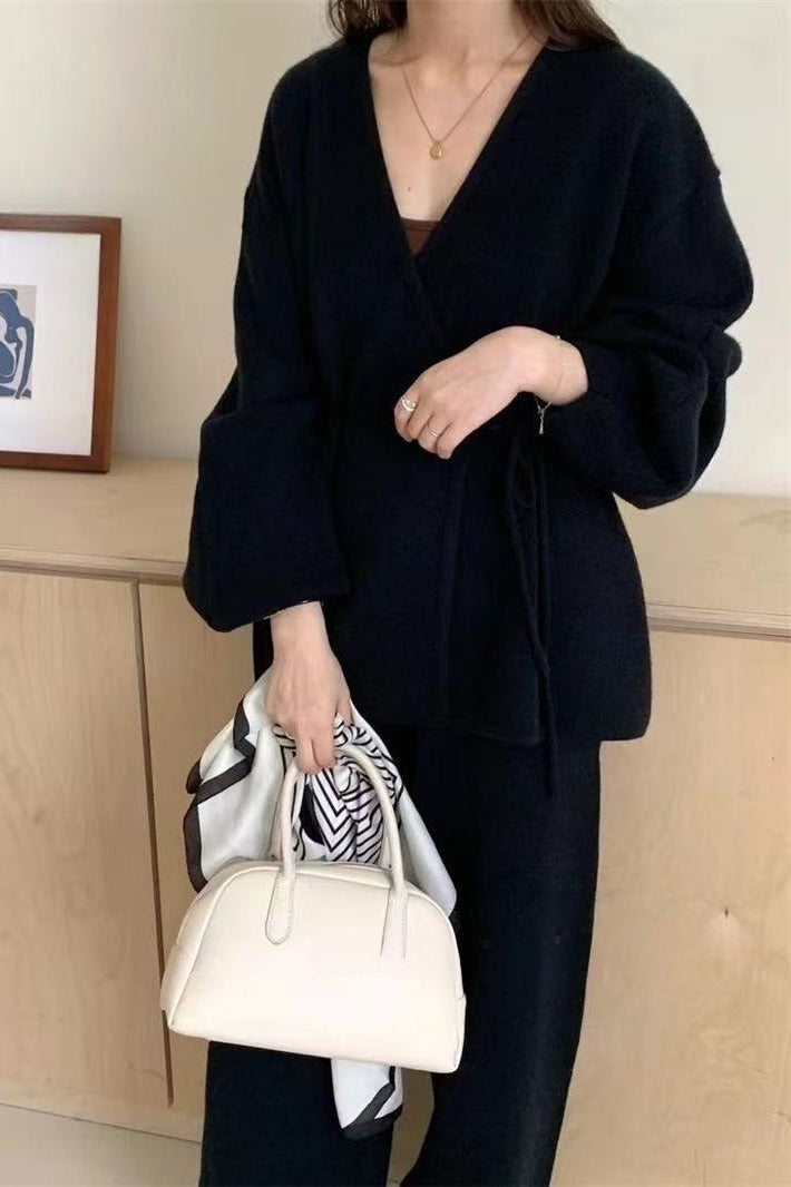 Loose Belted Knit Cardigan Wide-leg Pants Two Piece Set