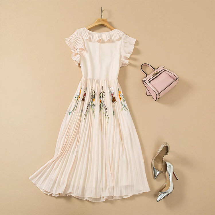 Palm Flying Ruffled Sleeve Pleated Hem Midi Dress