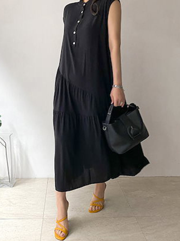 A-line Loose Buttoned Pleated Ruffled Color Split-joint Tiered Stand Collar Midi Dresses
