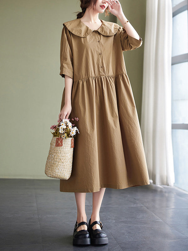 Original Loose Color Buttoned Pleated Midi Dress
