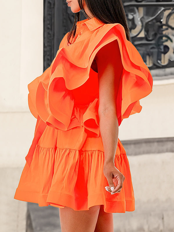 A-line High Waisted Buttoned Pleated Ruffled Color Tied Waist Lapel Mini Dresses