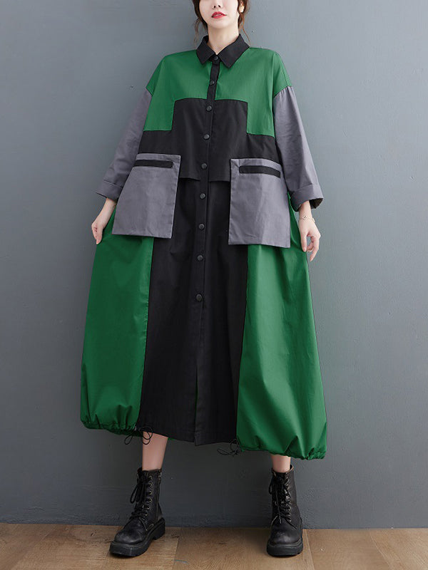 Loose Long Sleeves Contrast Color Polo Midi Dresses
