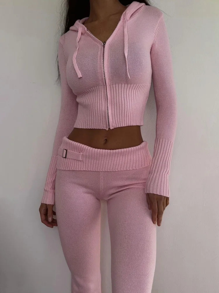 Spring Outfits Zipper Sweater Hoodie Set High Waist Flare Pants Suits Pink Knitted Y2k Two Piece Set