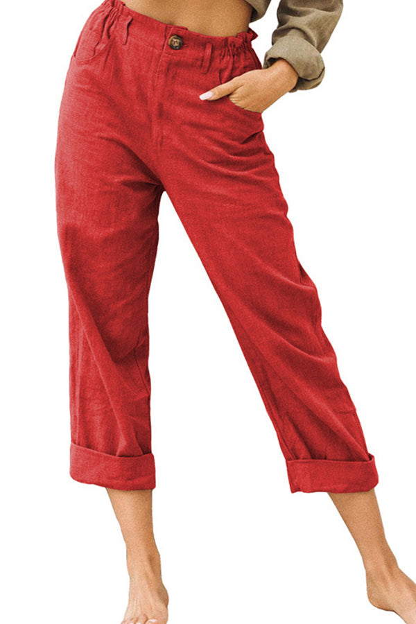 Color Cotton and Linen Fashionable Loose High Waist Pants