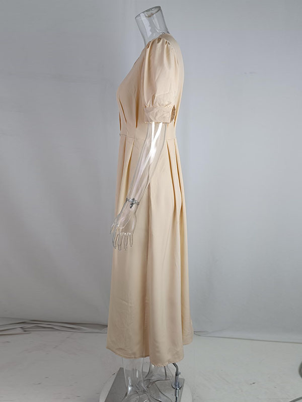 High Waisted Loose Buttoned Round-neck Midi Dresses