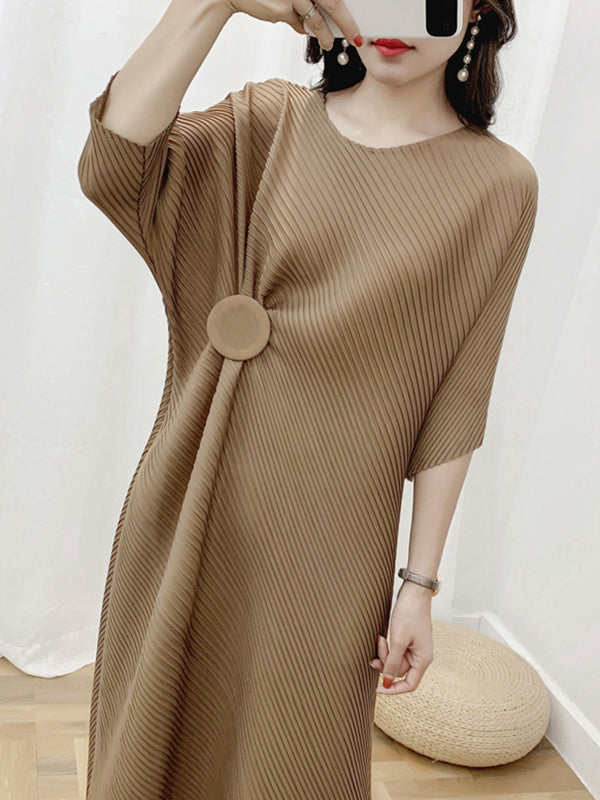 Half Sleeves Irregular Clipping Pleated Color Round-neck Midi Dresses