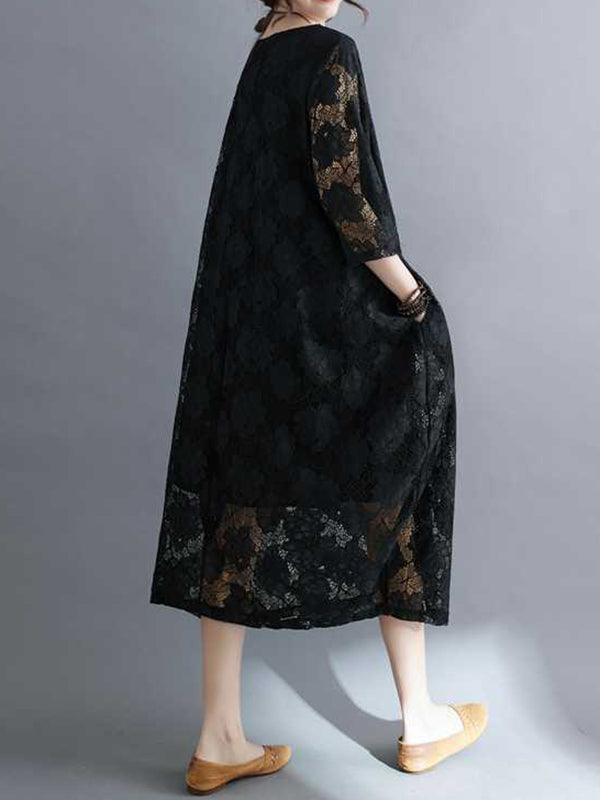 Half Sleeves Loose Hollow Color Round-neck Midi Dresses