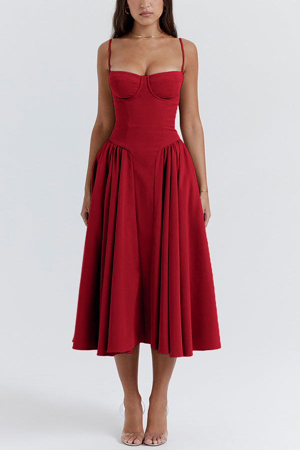 Color Slim Fit Suspender Pocket Midi Dress