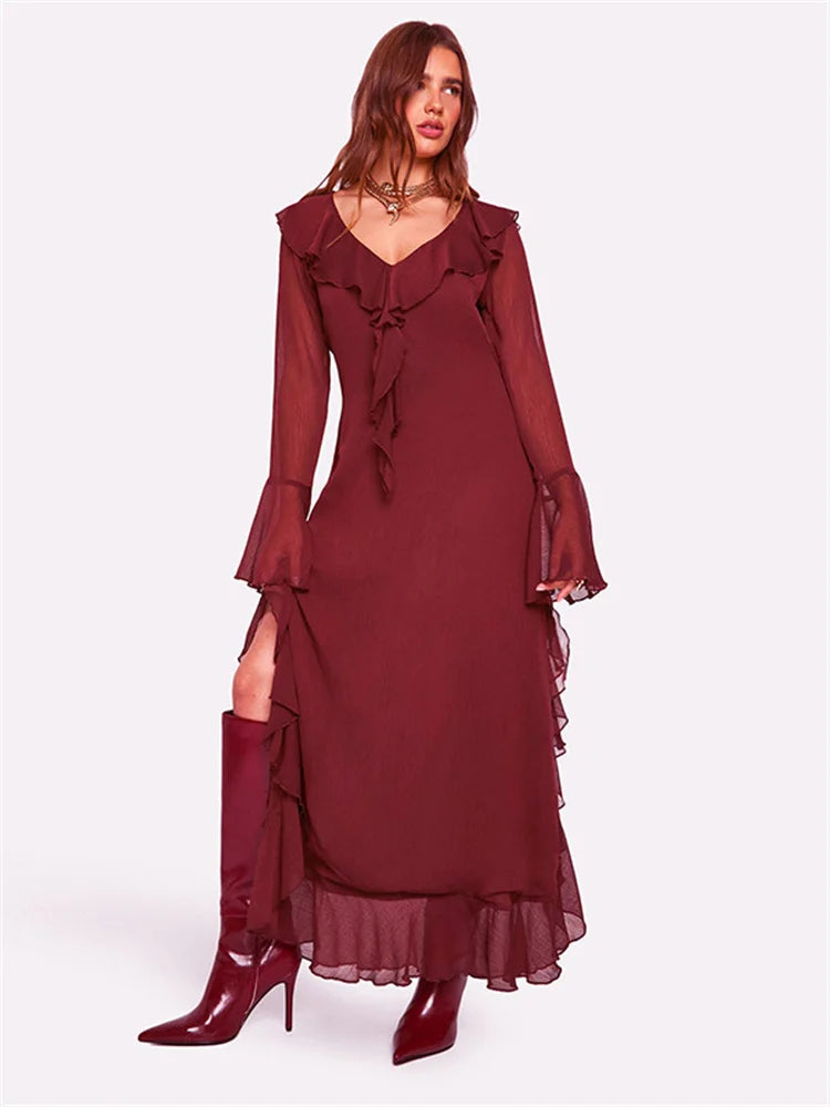Mesh Ruffled Long Dress ’s V-neck Loose High Waist Patchwork Party Dress Female Autumn Maxi Dress New