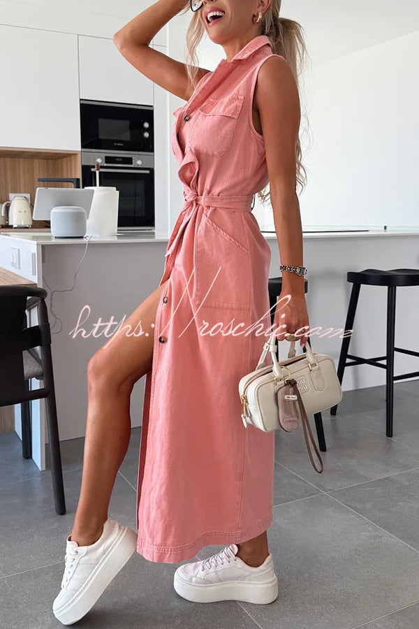 Color Sleeveless Single Breasted Waist Tie Pocket Denim Midi Dress