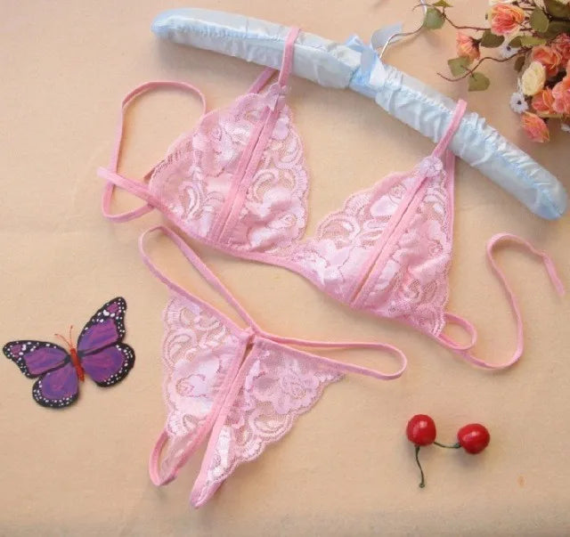 ’s Lingerie Hot Erotic Lingerie Transparent Open File Milk Lace Underwear Bra + T Pants Exotic Apparel