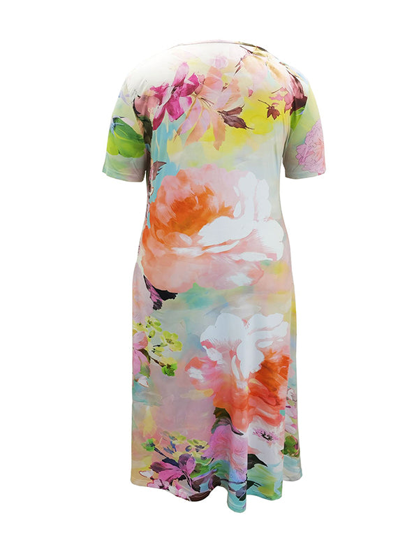 A-line Loose Flower Print Pockets Round-neck Midi Dresses