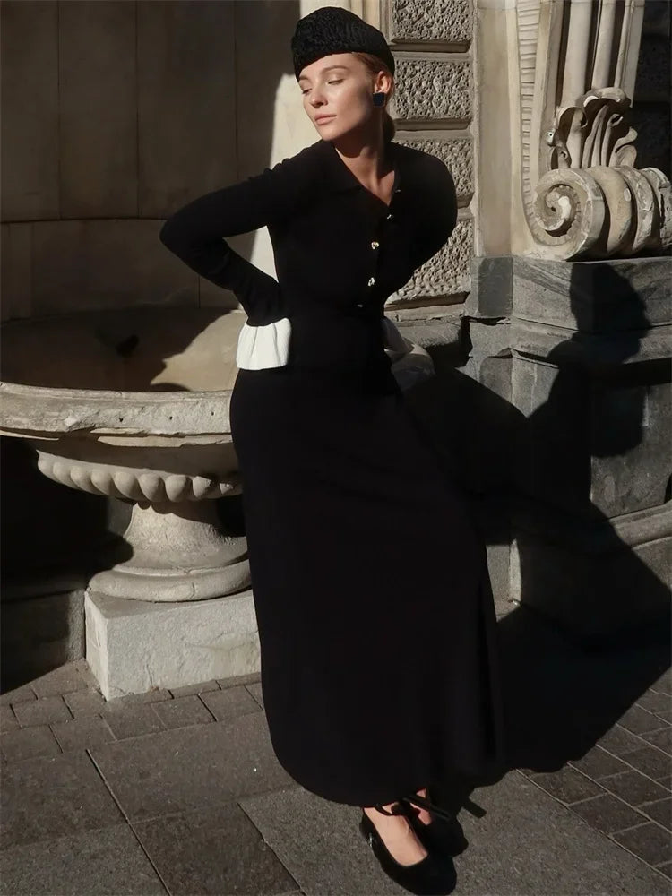 Female Ruffled Knitwear Long Dress Patchwork Slim Contrast Lapel Party Dress Gown ’s Knit Maxi Dress