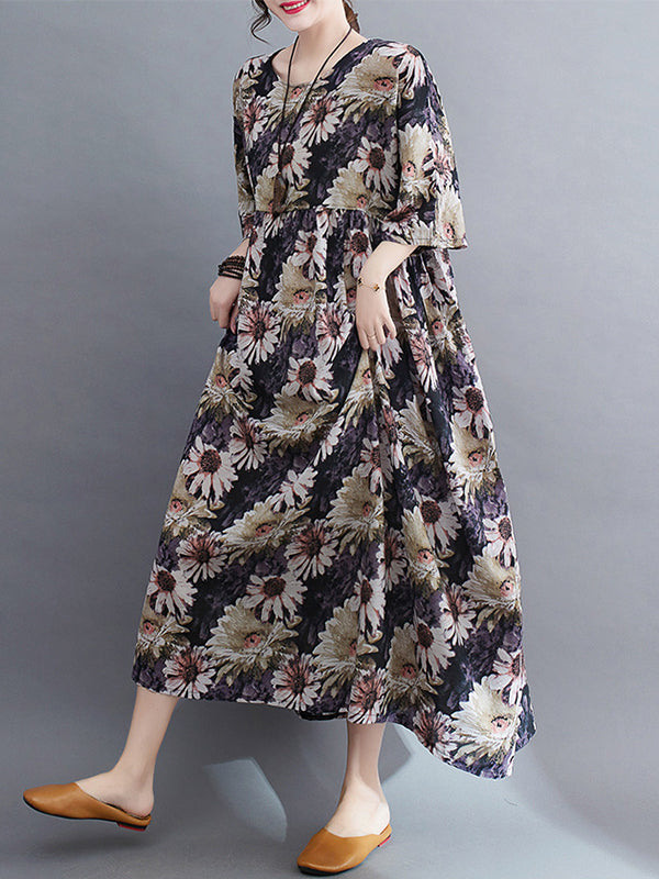 Loose Raglan Sleeve Printed Pleated Split-joint Round-neck Midi Dresses