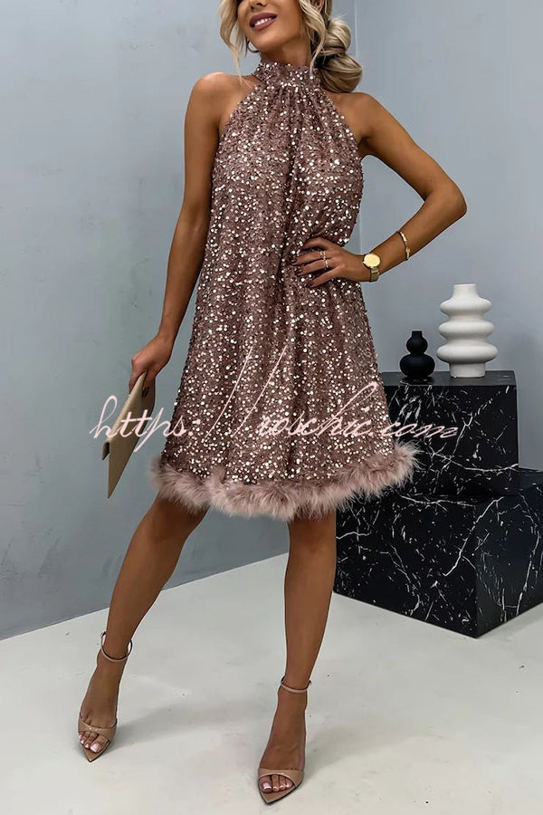It's Time to Dance Sequin Feather Trim Halter Babydoll Mini Dress