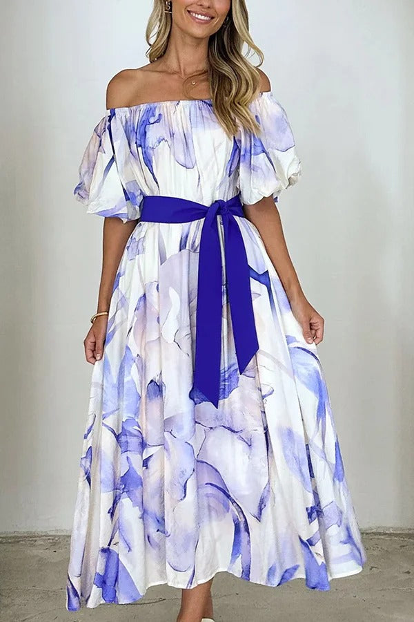 Print Puff Sleeve Tie-waist Midi Dress