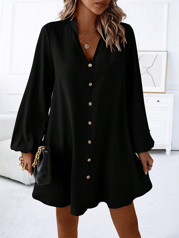 A-line Long Sleeves Buttoned Color V-neck Mini Dresses