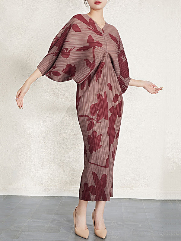 Batwing Sleeves Loose Pleated Printed V-neck Midi Dresses