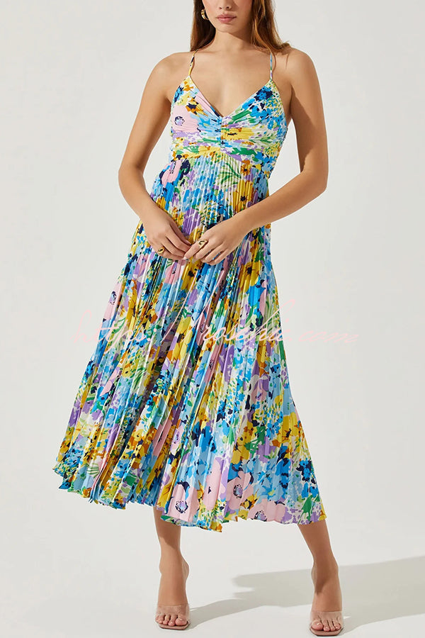 Wedding Party Season Print Pleated Back Tie-up Midi Dress