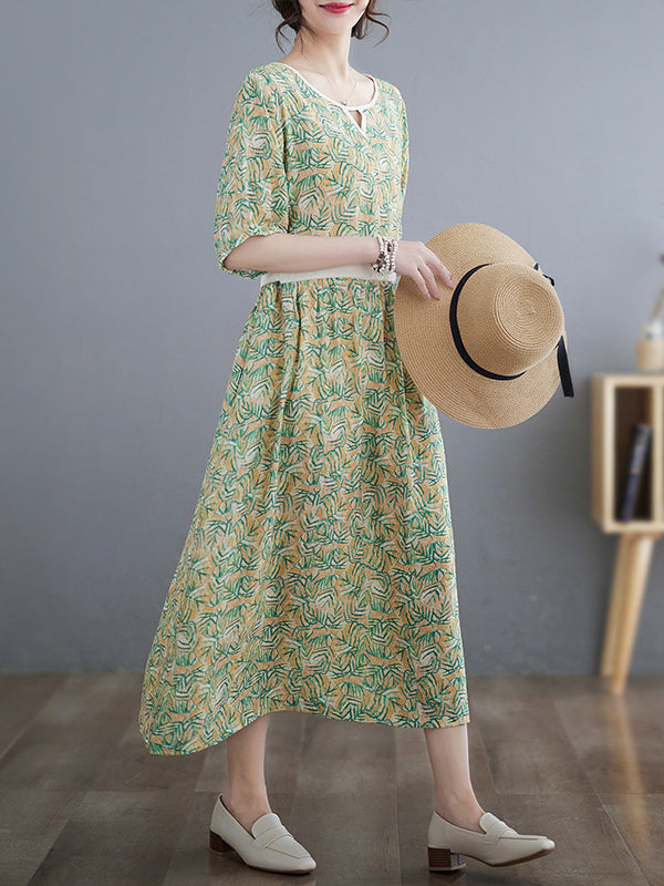 Loose Short Sleeves Hollow Pleated Printed Split-joint Round-neck Midi Dresses