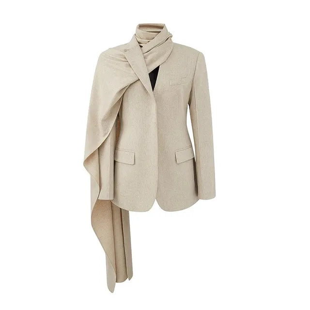 Scarf Collar Blazer Autumn Winter Fashionable Slim Coat for Woman Jacket Street Cardigan Femme