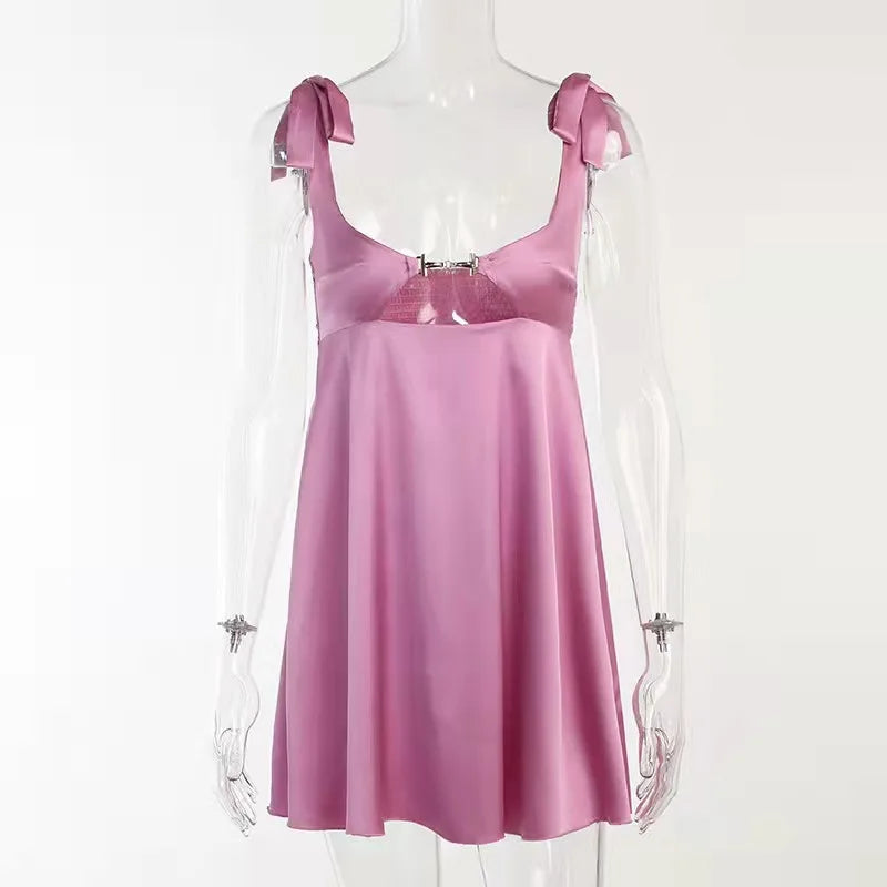 Bandage Satin Dress Party Backless Sleeveless Loose Dresses Hollow Out Mini Dress Woman New