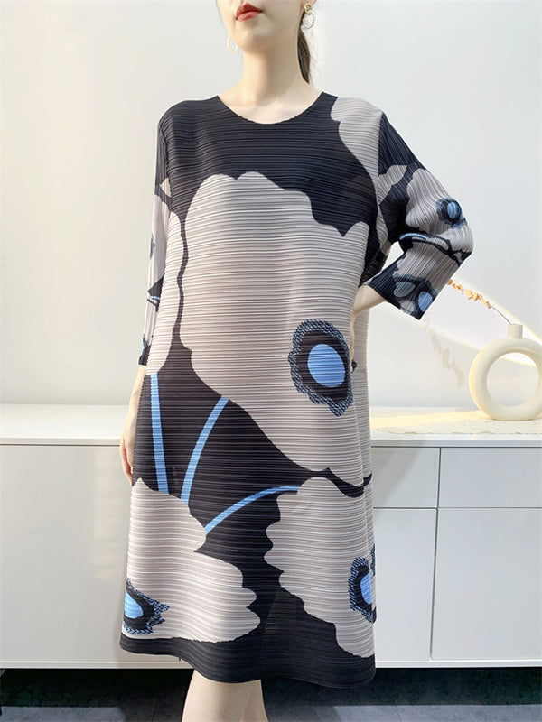 Original Three-quarter Sleeves Loose Printed Contrast Color Pleated Round-neck Midi Dresses