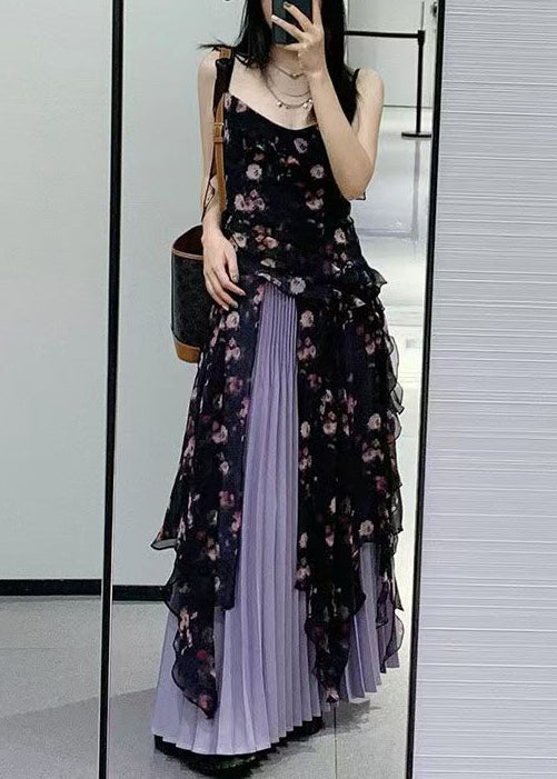 Black Ruffled Print Chiffon Two-piece Set Sleeveless Qp030