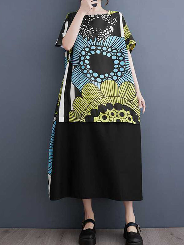 A-line Loose Flower Print Pockets Split-joint Round-neck Midi Dresses