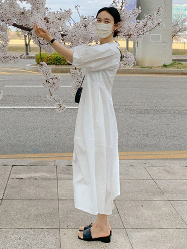 Round-neck Bishop Sleeve Loose Color Midi Dress