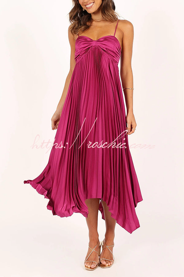 Color Suspender Pleated Irregular Midi Dress