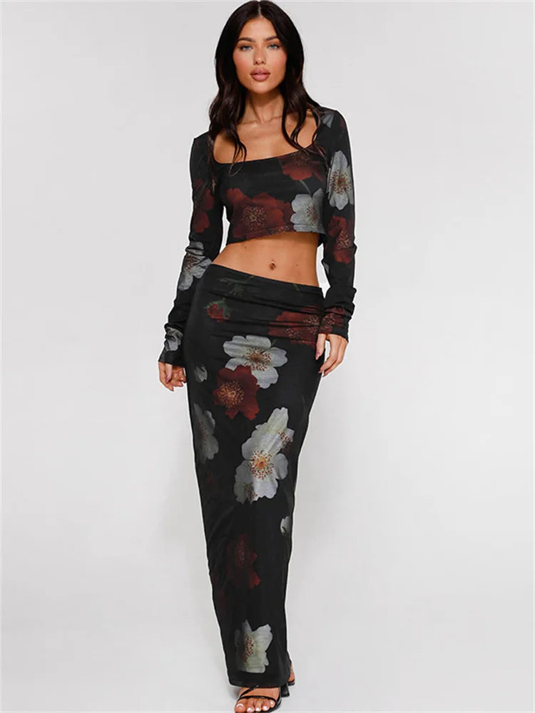 Printed 2 Piece-set Female Patchwork Long Sleeve Crop Top and Maxi Dress Sets Long Skirt Outfits