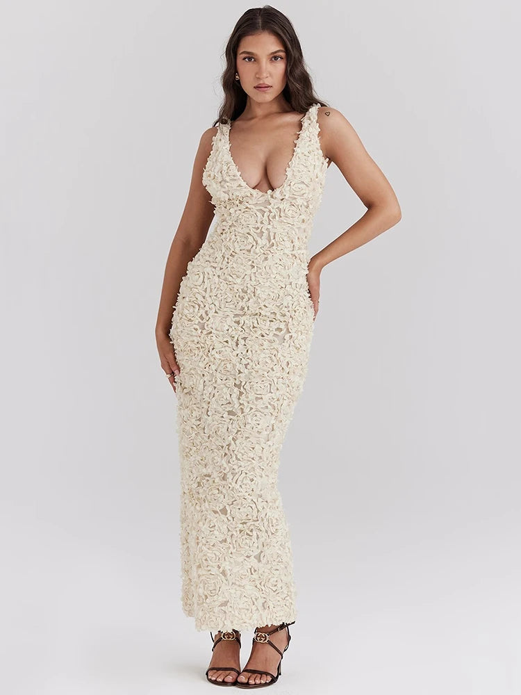 Cream Rose Decal Dress for Deep V Neck Sleeveless Backless Bodycon Club Party Maxi Dress
