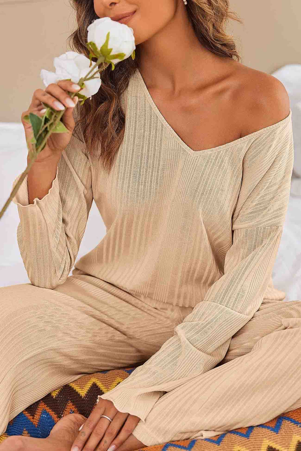 V Neck Ribbed Long Sleeve Two-piece Set