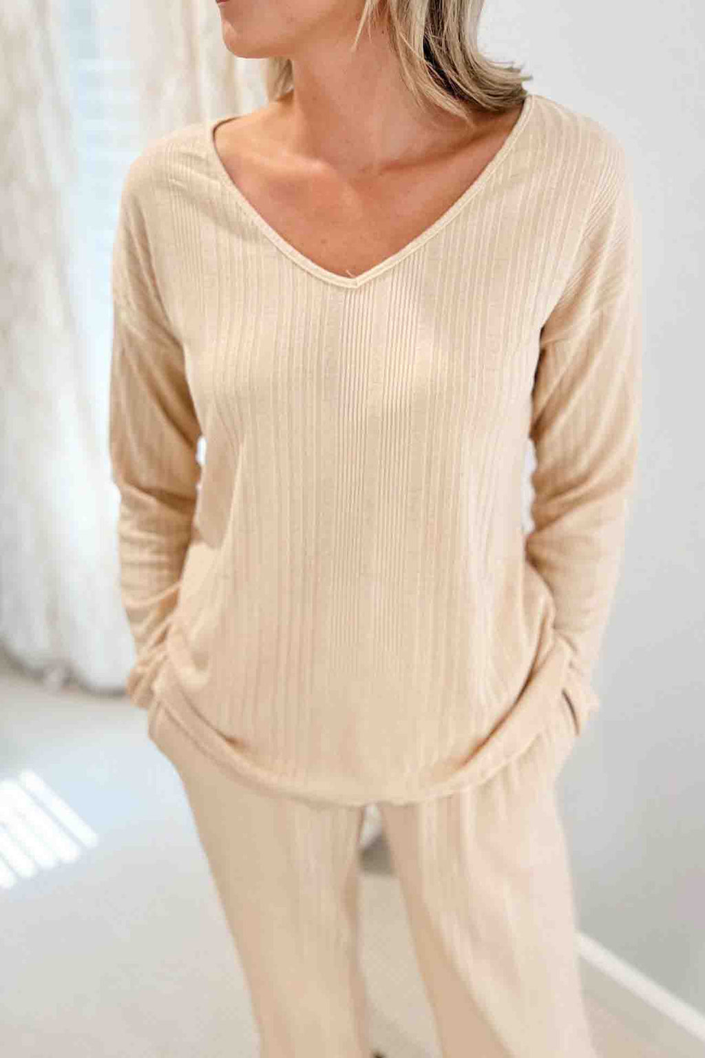 V Neck Ribbed Long Sleeve Two-piece Set